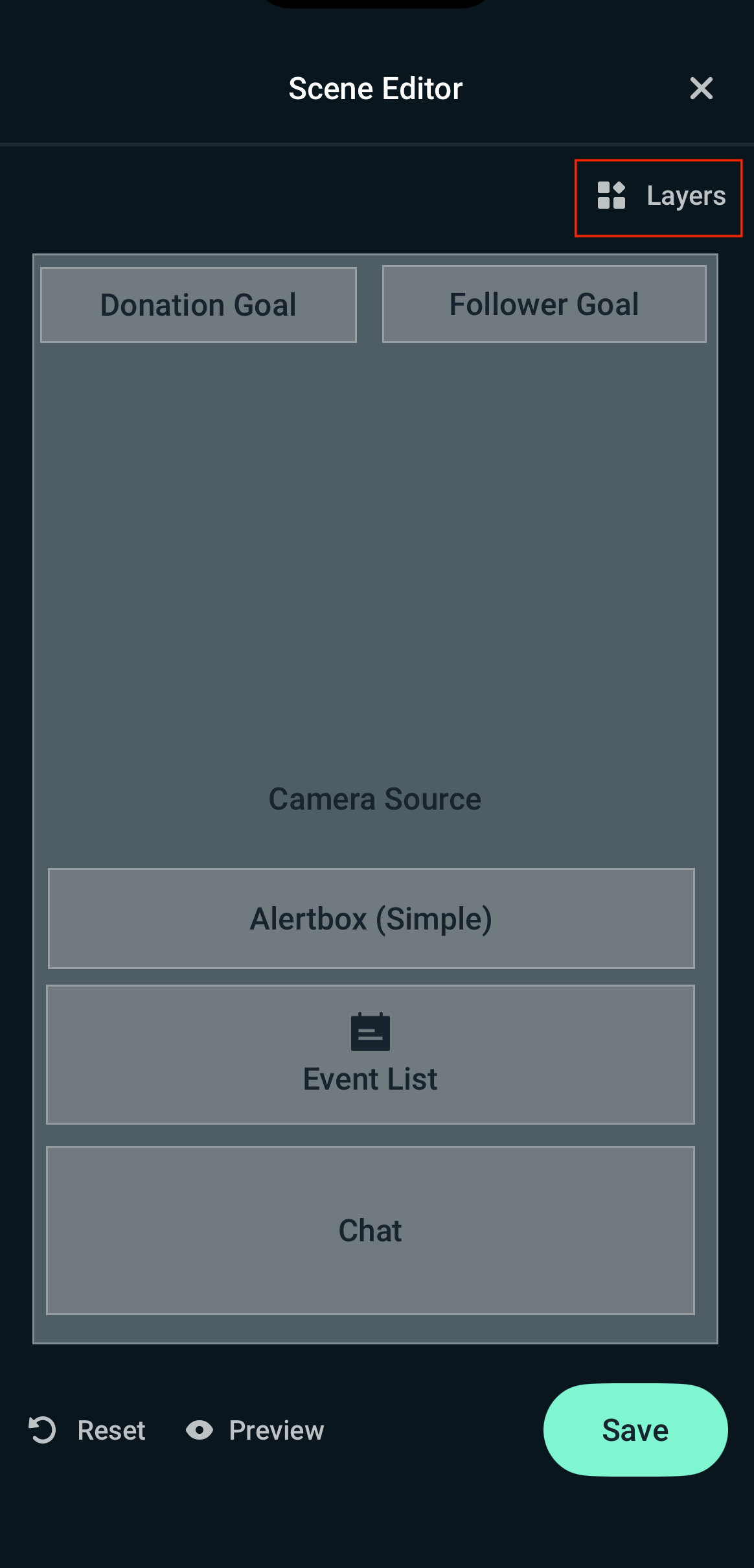 layers button highlighted in the top right of streamlabs mobile app